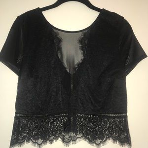 Black mesh and lace crop top